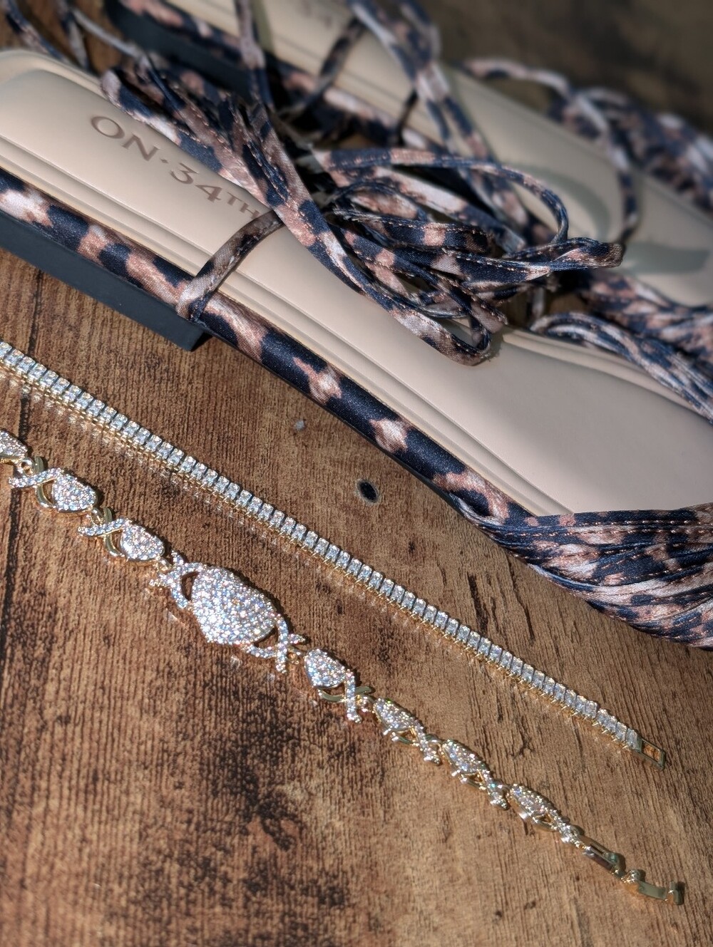 Gold Crystal Bracelet, Heart Link Bracelet And On-34th Cheetah Print Sandals